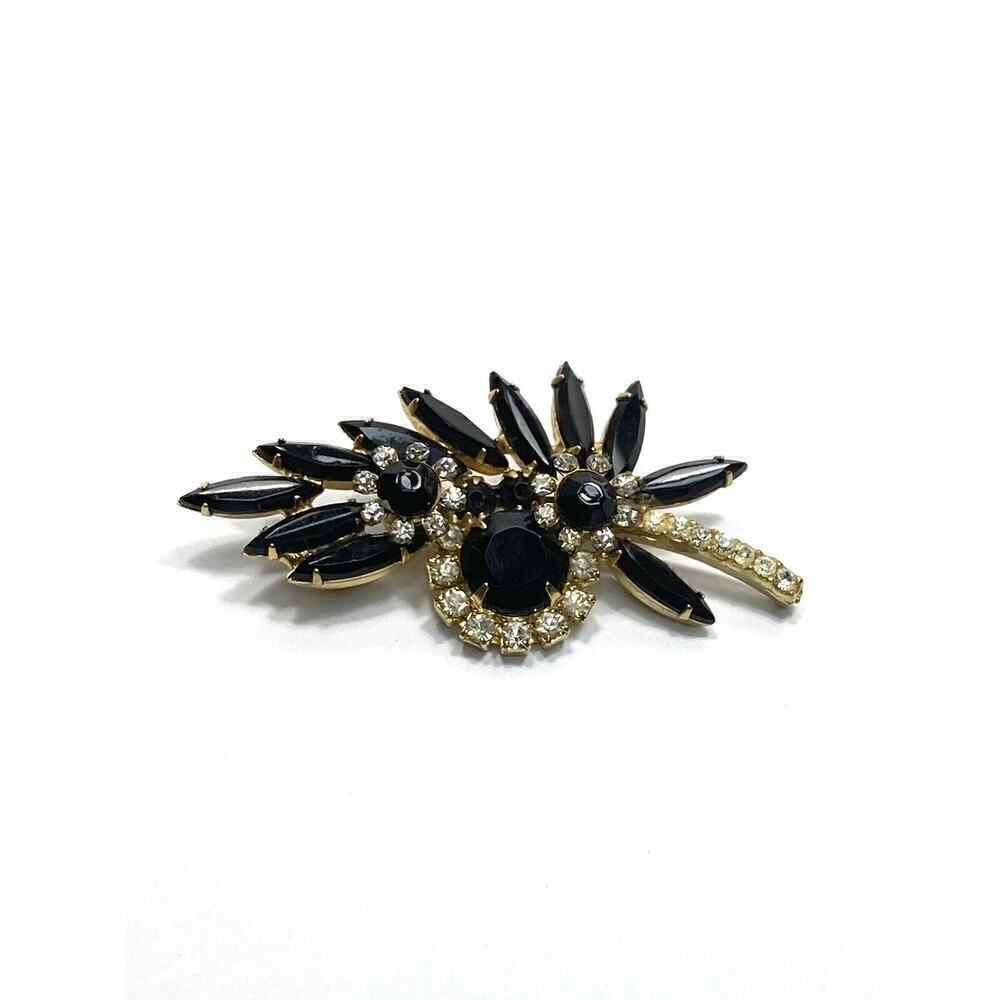JULIANA D&E Navette Black-Clear Rhinestone Flower Brooch Vintage Estates